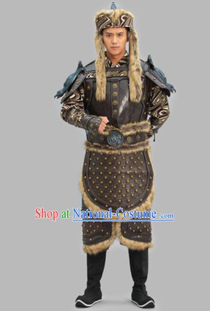 Chinese Traditional Mongolian Leather Armor and Helmet Ancient General Clothing Yuan Dynasty Warrior Garment Costumes