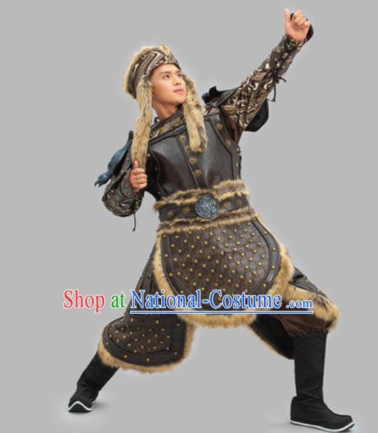 Chinese Traditional Mongolian Leather Armor and Helmet Ancient General Clothing Yuan Dynasty Warrior Garment Costumes