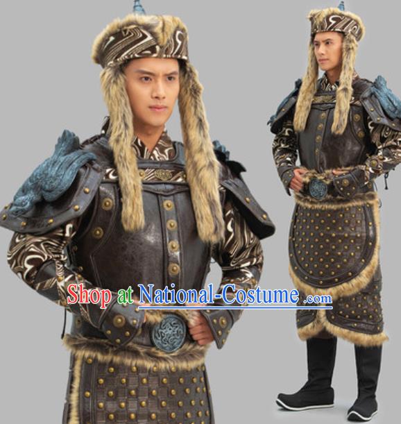 Chinese Traditional Mongolian Leather Armor and Helmet Ancient General Clothing Yuan Dynasty Warrior Garment Costumes