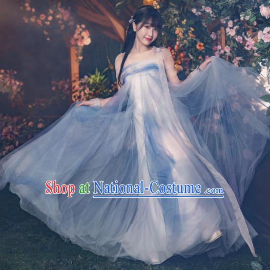 Chinese Ancient Fairy Blue Hanfu Dresses Xian Xia TV Series Love Between Fairy and Devil Xiao Lan Hua Garment Costumes