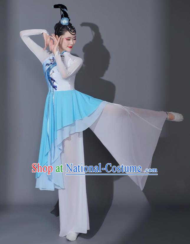 Chinese Classical Dance Garment Umbrella Dance Costumes Fan Dance Blue Dress Dancing Competition Clothing