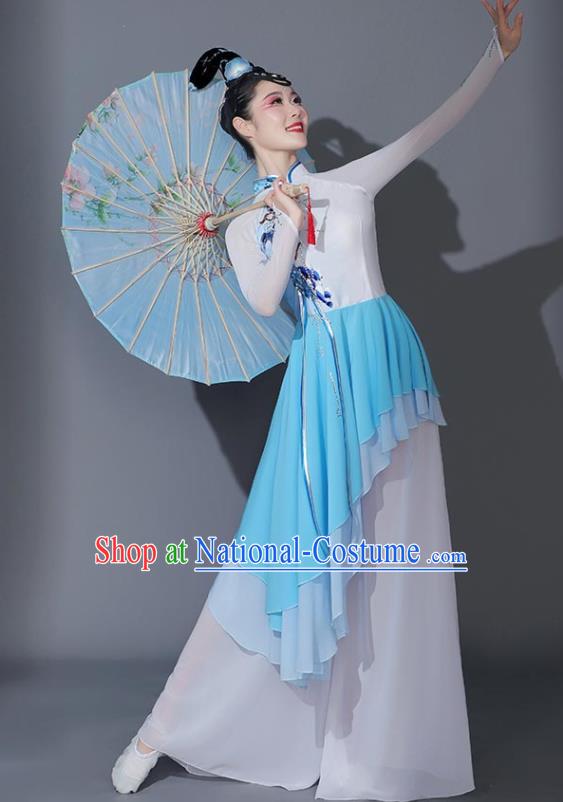 Chinese Classical Dance Garment Umbrella Dance Costumes Fan Dance Blue Dress Dancing Competition Clothing