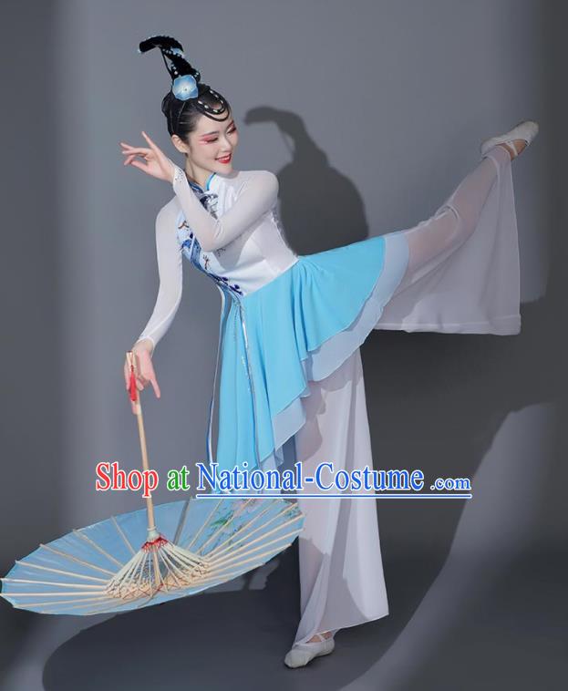 Chinese Classical Dance Garment Umbrella Dance Costumes Fan Dance Blue Dress Dancing Competition Clothing