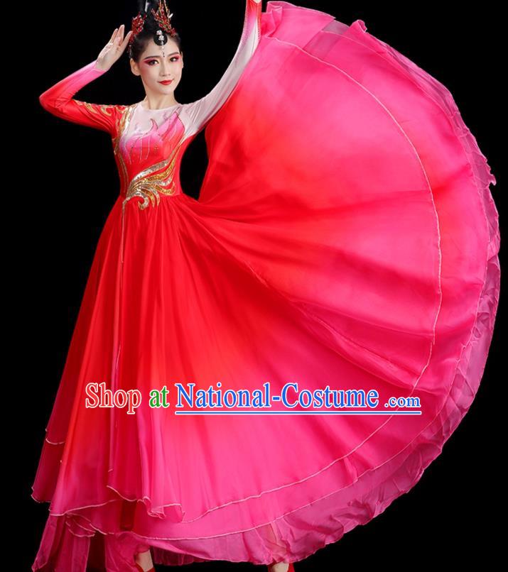 Chinese Opening Dance Magenta Dress Women Group Dance Garment Modern Dance Clothing Stage Performance Costume