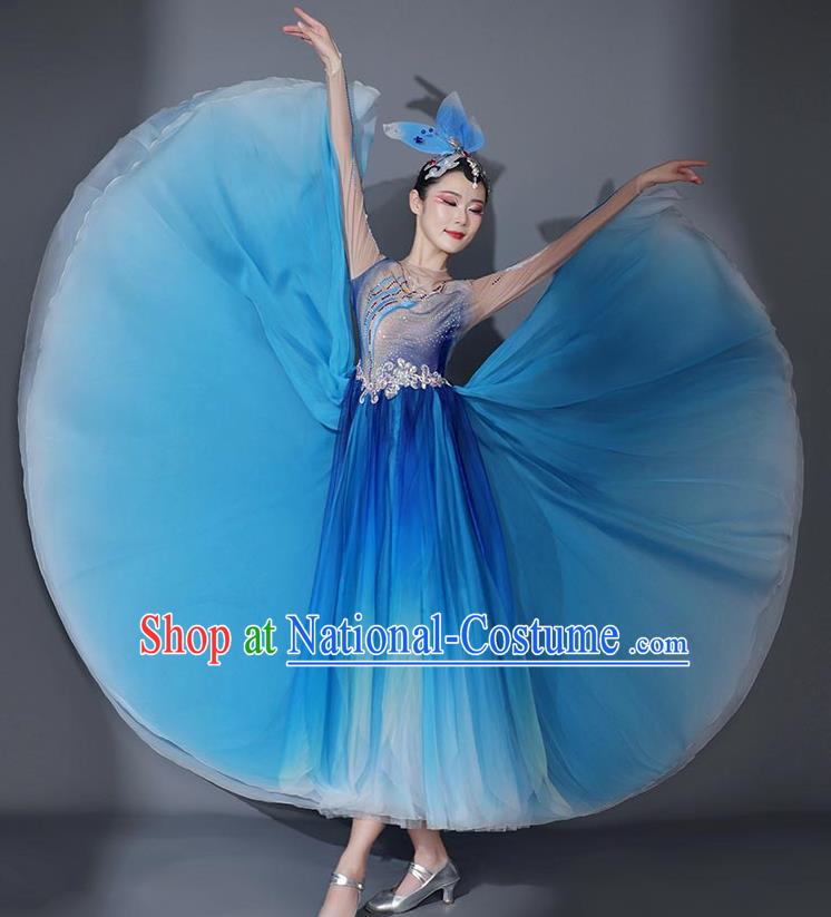 Chinese Modern Dance Garment Opening Dance Blue Veil Dress Classical Dance Clothing Stage Performance Costume