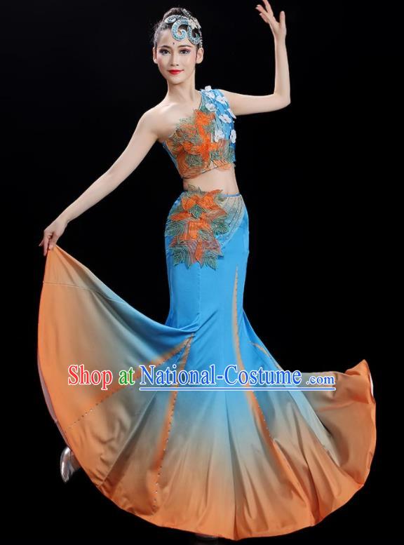 Chinese Woman Solo Dance Dress Dai Nationality Dance Costume Stage Performance Blue Outfit Peacock Dance Clothing