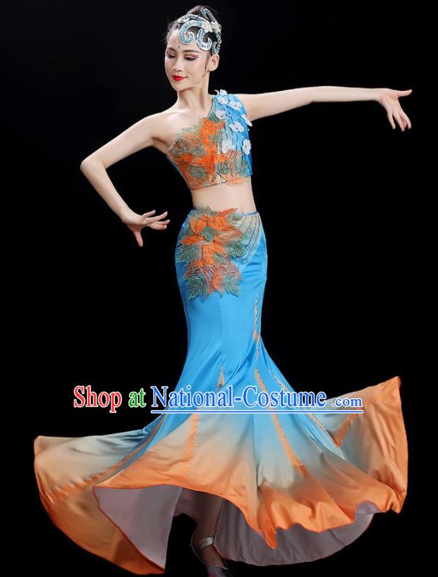 Chinese Woman Solo Dance Dress Dai Nationality Dance Costume Stage Performance Blue Outfit Peacock Dance Clothing