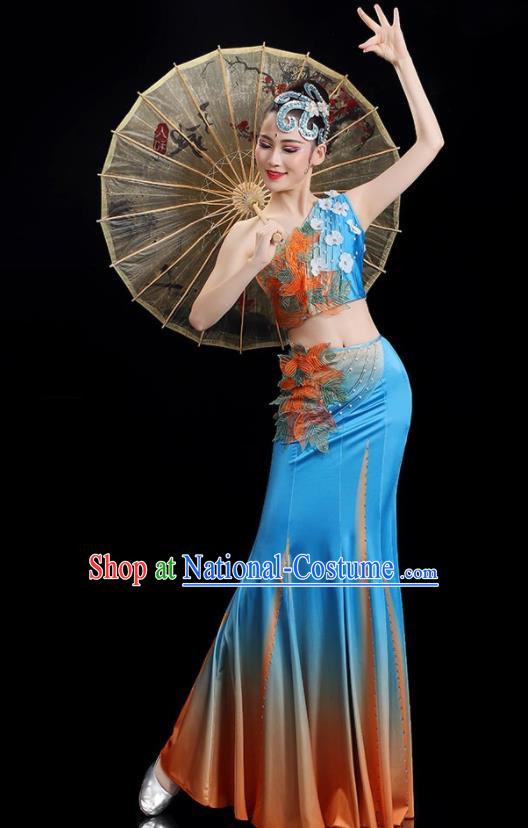 Chinese Woman Solo Dance Dress Dai Nationality Dance Costume Stage Performance Blue Outfit Peacock Dance Clothing