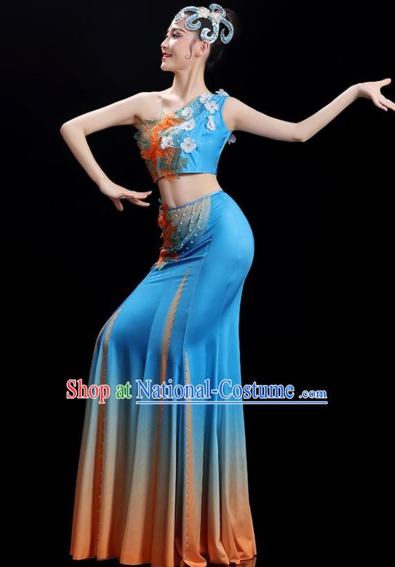 Chinese Woman Solo Dance Dress Dai Nationality Dance Costume Stage Performance Blue Outfit Peacock Dance Clothing