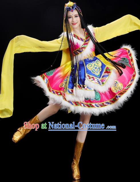 Chinese Tibetan Dance Clothing Woman Solo Dance Dress Zang Nationality Dance Costume Stage Performance Pink Garment