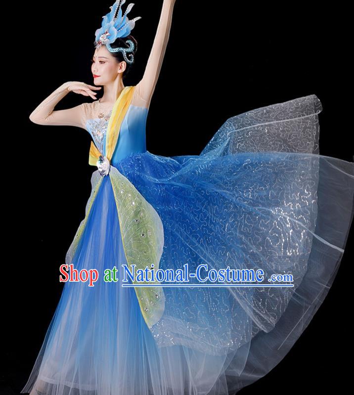 Top Modern Dance Blue Dress Women Group Dance Costume Stage Performance Fashion Opening Dance Clothing