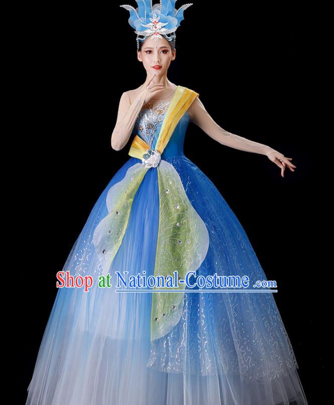 Top Modern Dance Blue Dress Women Group Dance Costume Stage Performance Fashion Opening Dance Clothing