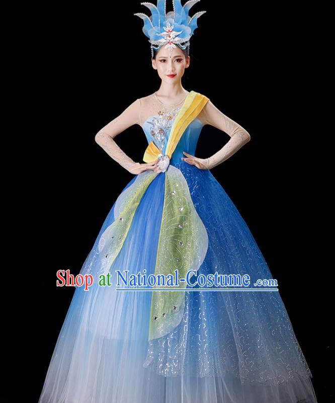 Top Modern Dance Blue Dress Women Group Dance Costume Stage Performance Fashion Opening Dance Clothing