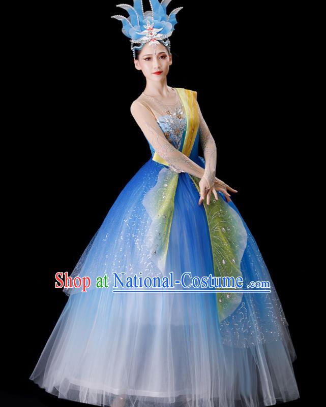 Top Modern Dance Blue Dress Women Group Dance Costume Stage Performance Fashion Opening Dance Clothing