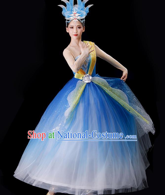 Top Modern Dance Blue Dress Women Group Dance Costume Stage Performance Fashion Opening Dance Clothing