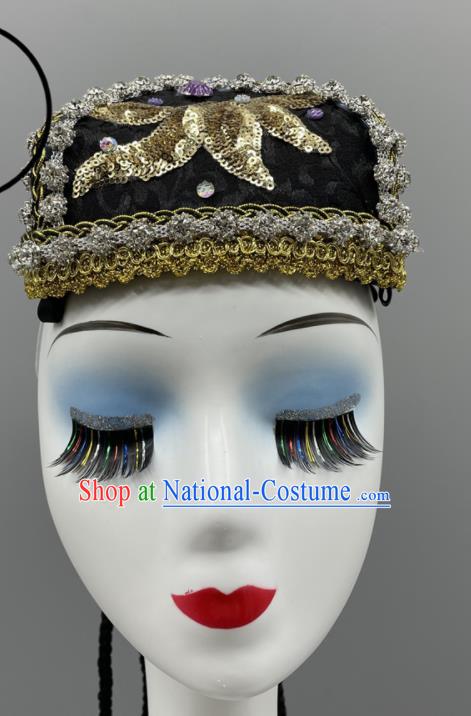 Chinese Stage Performance Braids Headpiece Xinjiang Dance Embroidered Hat Uyghur Nationality Dance Black Hat Ethnic Woman Dance Headwear