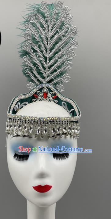 Chinese Xinjiang Dance Headdress Uyghur Nationality Dance Green Feather Hat Ethnic Woman Performance Headwear Folk Dance Headpiece