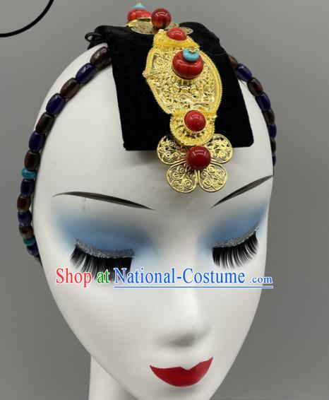 Chinese Folk Dance Headpiece Zang Nationality Dance Headdress Tibetan Dance Braid Hair Jewelry Ethnic Woman Performance Headwear