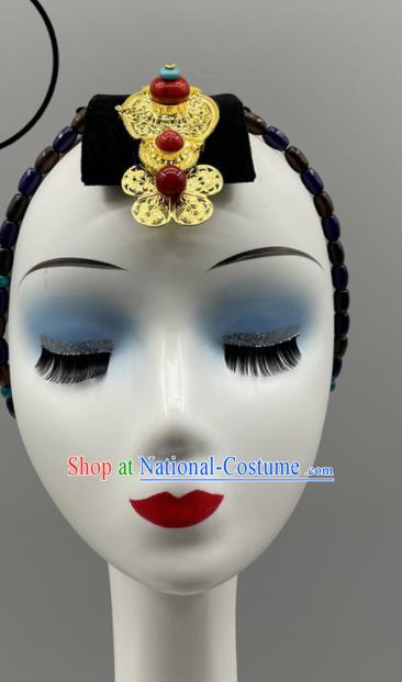 Chinese Folk Dance Headpiece Zang Nationality Dance Headdress Tibetan Dance Braid Hair Jewelry Ethnic Woman Performance Headwear