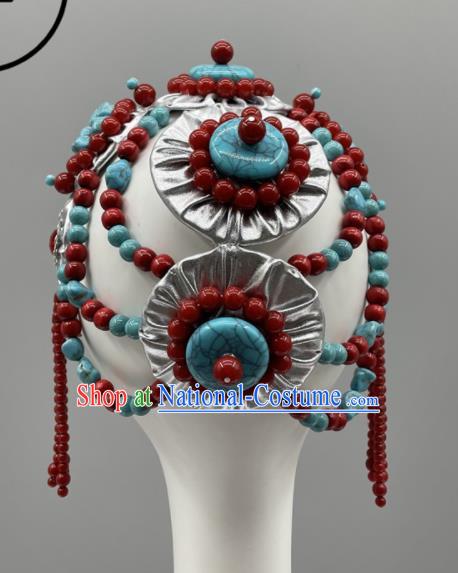 Chinese Ethnic Woman Performance Headwear Folk Dance Headpiece Zang Nationality Dance Headdress Tibetan Dance Beads Hair Jewelry