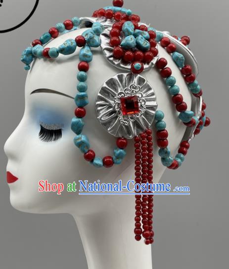 Chinese Ethnic Woman Performance Headwear Folk Dance Headpiece Zang Nationality Dance Headdress Tibetan Dance Beads Hair Jewelry