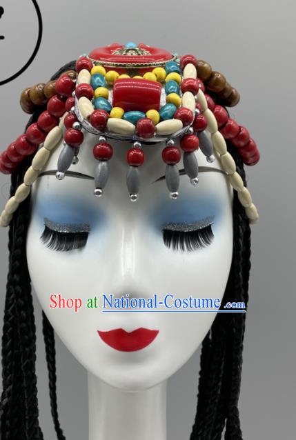 Chinese Tibetan Dance Beads Hair Jewelry Ethnic Woman Performance Headwear Folk Dance Headpiece Zang Nationality Dance Headdress