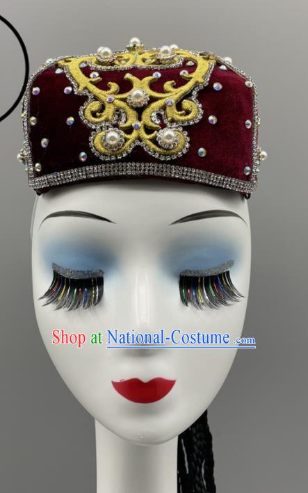 Chinese Ethnic Woman Dance Headwear Stage Performance Braids Headpiece Xinjiang Dance Wine Red Hat Uyghur Nationality Dance Pearls Hat