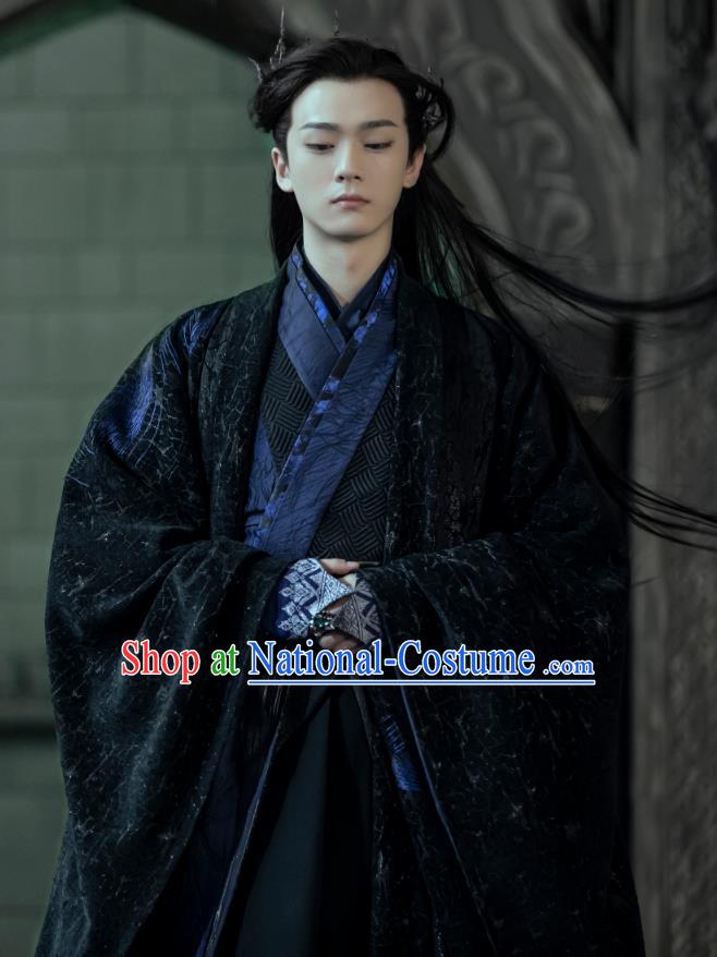 Chinese Traditional Swordsman Black Hanfu Garments TV Series Love Between Fairy and Devil Xun Feng Clothing Ancient King Garment Costumes