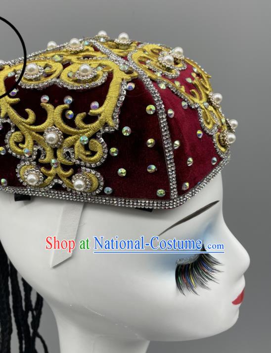 Chinese Ethnic Woman Dance Headwear Stage Performance Braids Headpiece Xinjiang Dance Wine Red Hat Uyghur Nationality Dance Pearls Hat