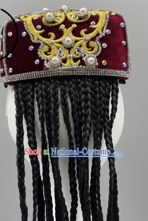 Chinese Ethnic Woman Dance Headwear Stage Performance Braids Headpiece Xinjiang Dance Wine Red Hat Uyghur Nationality Dance Pearls Hat