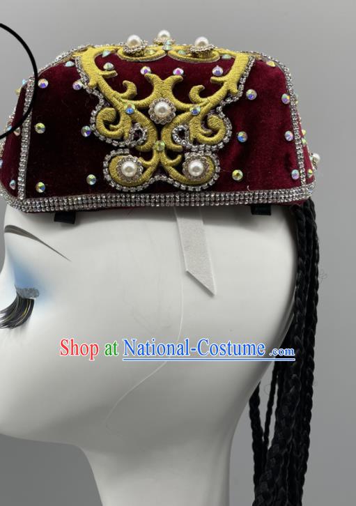 Chinese Ethnic Woman Dance Headwear Stage Performance Braids Headpiece Xinjiang Dance Wine Red Hat Uyghur Nationality Dance Pearls Hat