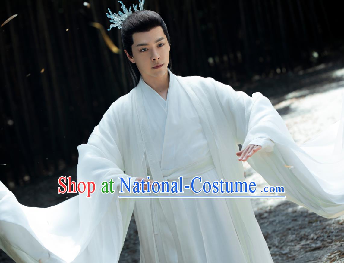 Chinese Traditional Swordsman White Hanfu TV Series Love Between Fairy and Devil Rong Hao Clothing Ancient Childe Garment Costumes