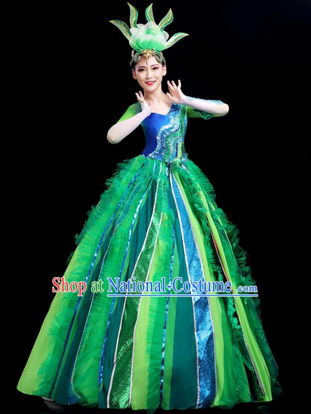 Top Modern Dance Green Dress Chinese Opening Dance Clothing Women Group Dance Outfit Stage Performance Costume