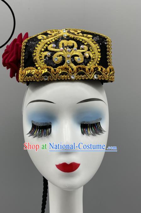 Chinese Xinjiang Dance Hat Uyghur Nationality Dance Black Hat Ethnic Woman Dance Headwear Stage Performance Braids Headpiece