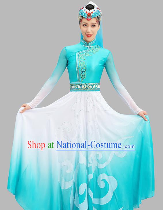 Chinese Classical Dance Blue Dress Mongol Nationality Dance Suit Ethnic Folk Dance Garment Costume and Headpiece