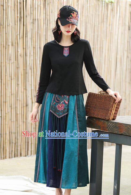 Traditional Chinese Dark Green Skirt National Pleated Skirt Elegant Embroidery Long Green Dress Women Bust Skirt