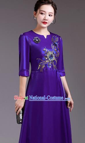 Professional Stage Performance Garment Women Chorus Group Clothing Top Compere Purple Full Dress