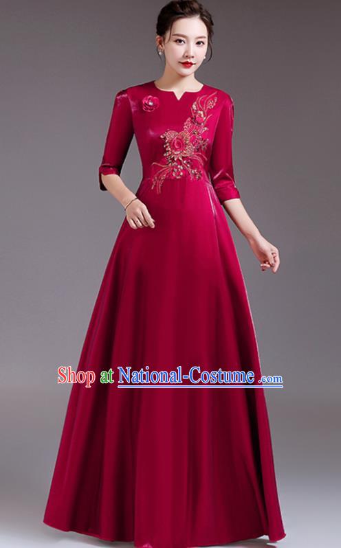 Professional Compere Wine Red Full Dress Stage Performance Garment Women Chorus Group Clothing