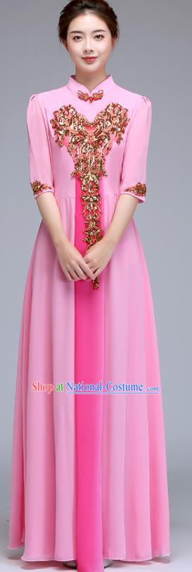 Chinese Professional Compere Pink Full Dress Stage Performance Garment Costume Women Chorus Group Clothing