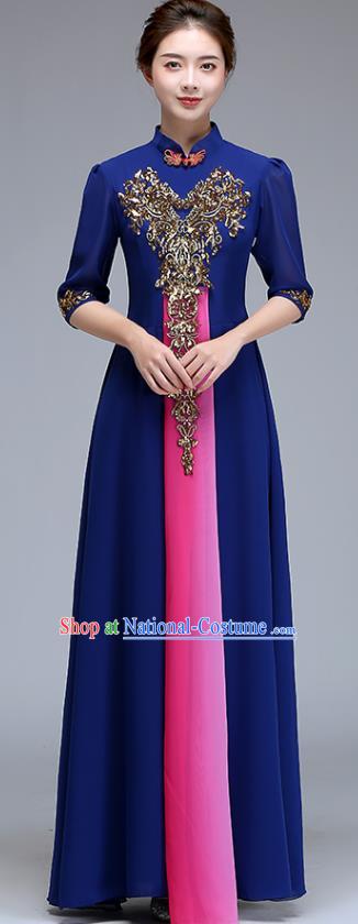 Chinese Women Stage Performance Garment Costume Chorus Group Clothing Professional Compere Royal Blue Full Dress