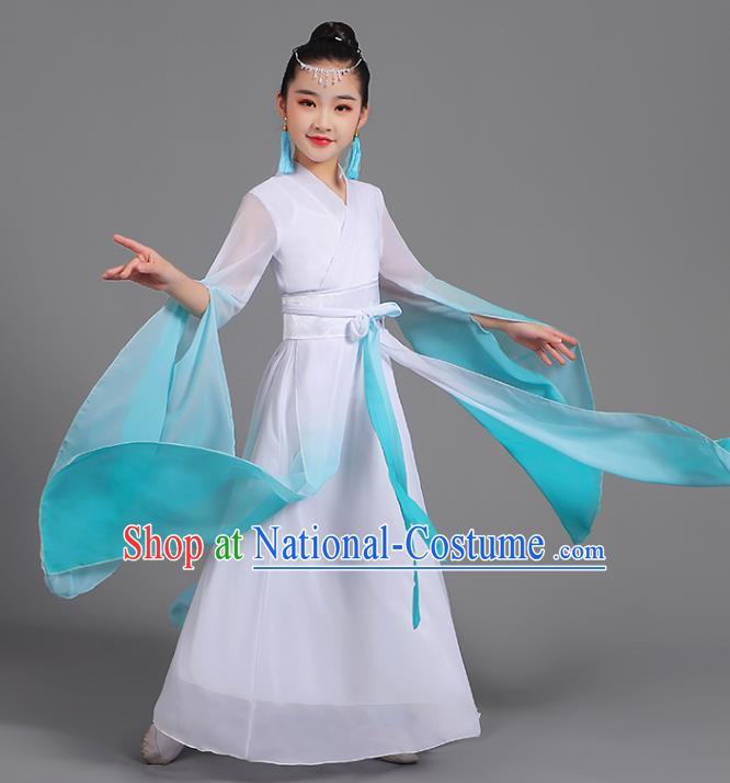 Chinese Children Stage Performance Garment Costume Water Sleeve Clothing Professional Classical Dance Cyan Dress