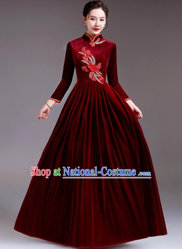 Top Stage Performance Garment Professional Women Chorus Group Clothing Compere Dark Red Velvet Dress