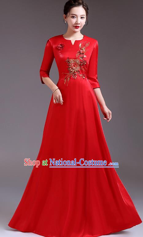 Top Compere Red Full Dress Stage Performance Garment Professional Women Chorus Group Clothing