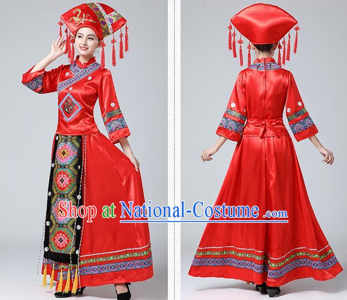 China Ethnic Wedding Women Clothing Guangxi Minority Festival Costume Zhuang Nationality Dance Red Dress