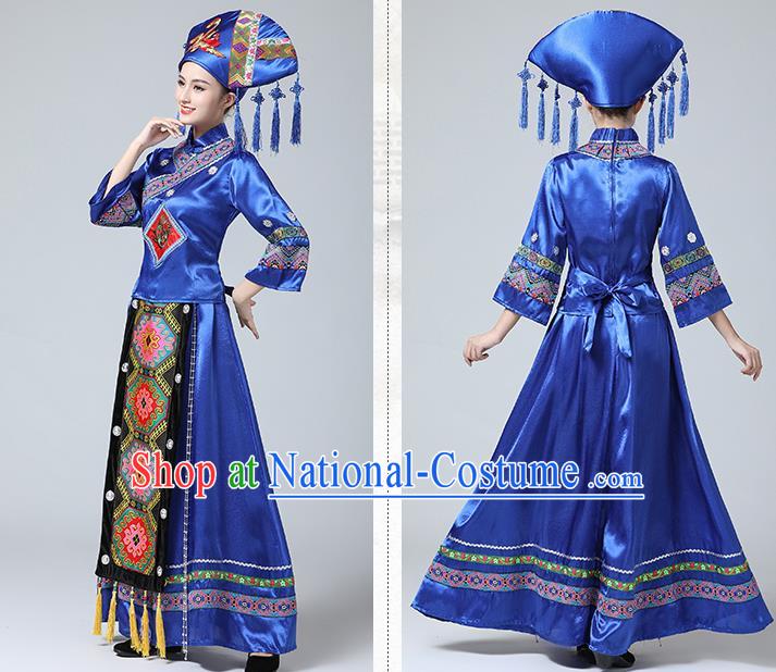 China Zhuang Nationality Dance Blue Dress Ethnic Wedding Women Clothing Guangxi Minority Festival Costume