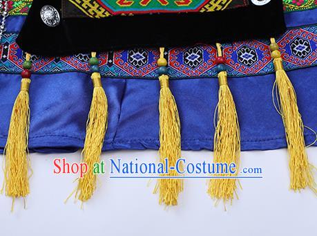 China Zhuang Nationality Dance Blue Dress Ethnic Wedding Women Clothing Guangxi Minority Festival Costume