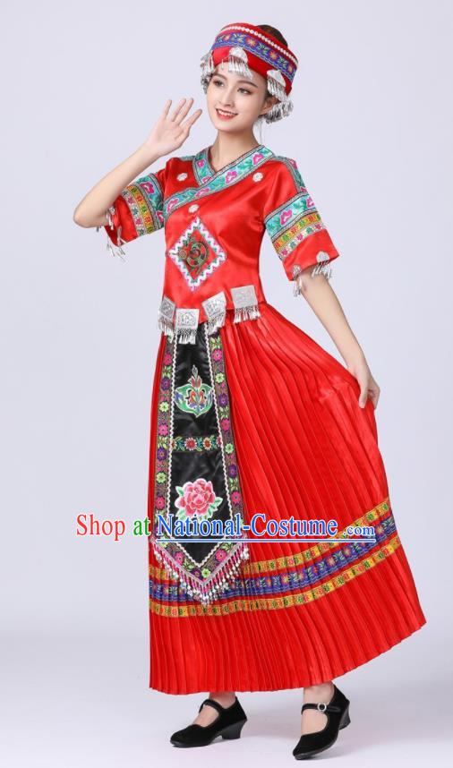 China Xiangxi Minority Festival Costume Tujia Nationality Dance Red Dress Ethnic Young Lady Clothing