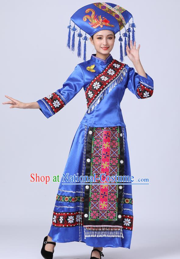 China Ethnic Festival Clothing Yunnan Minority Folk Dance Costume Yi Nationality Women Blue Dress