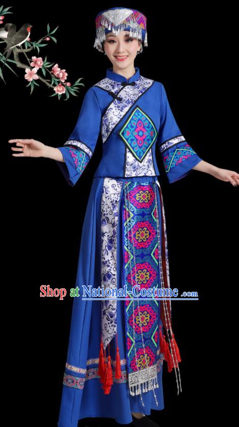 China Xiangxi Minority Folk Dance Costume Tujia Nationality Blue Dress Ethnic Women Festival Clothing