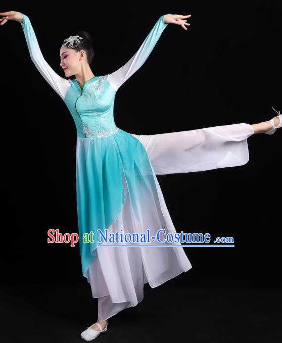 China Umbrella Dance Blue Dress Outfits Classical Dance Clothing Fan Dance Costume